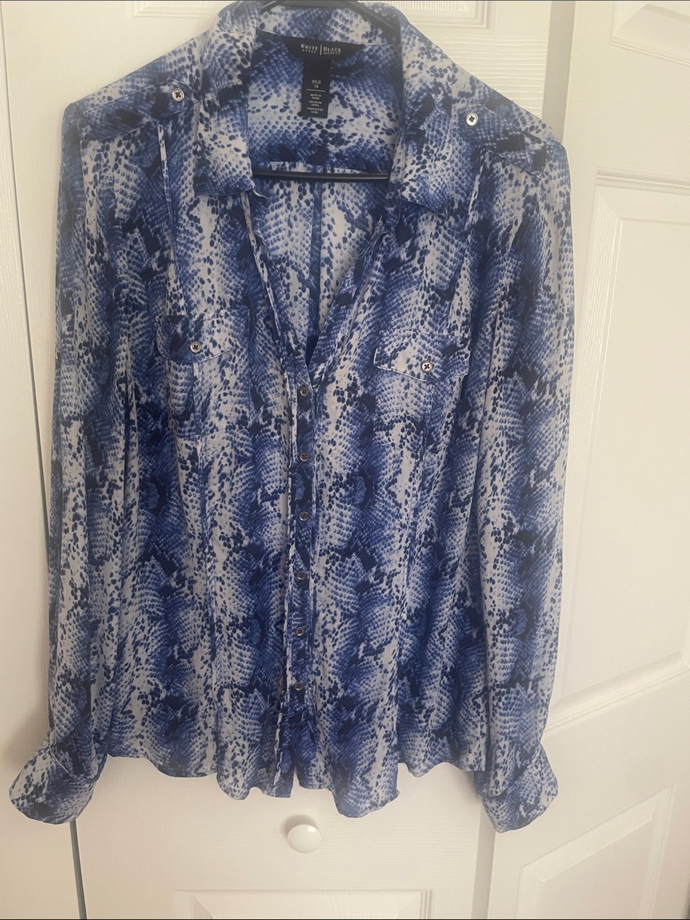 White House Black Market Blue and White Silk Printed Top.